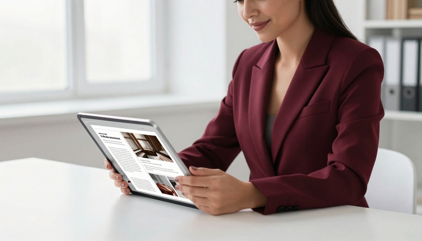 Professional woman reviewing an interactive digital flipbook on a tablet at a modern desk