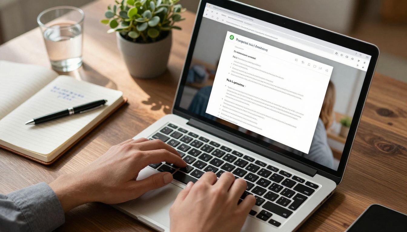 Overhead view of hands at a laptop showing a clean branded document sharing interface with no login required