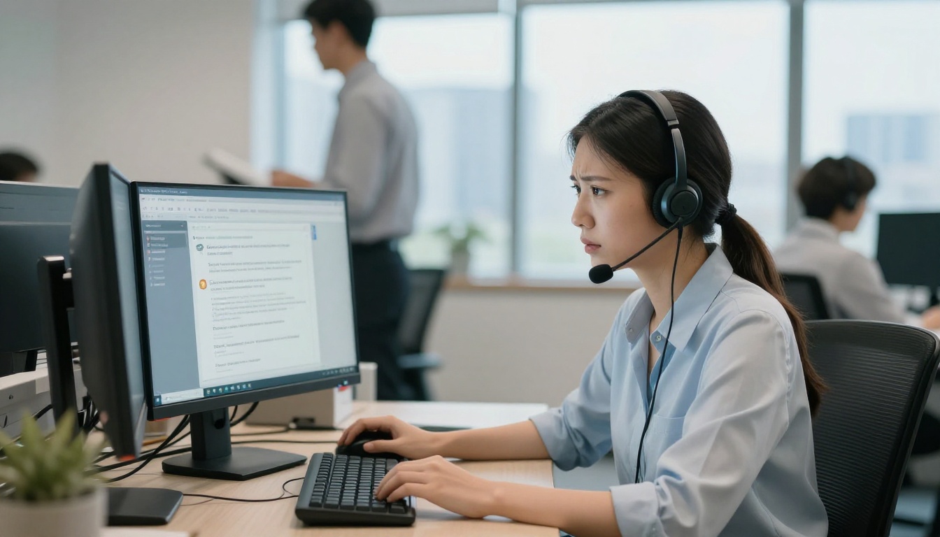 Customer service representative reviewing document access complaint emails and error messages