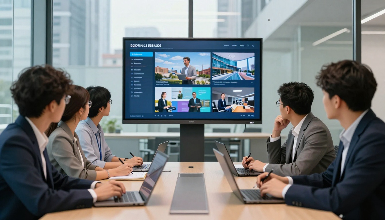 Marketing team reviewing a clean interactive document presentation in a glass-walled conference room