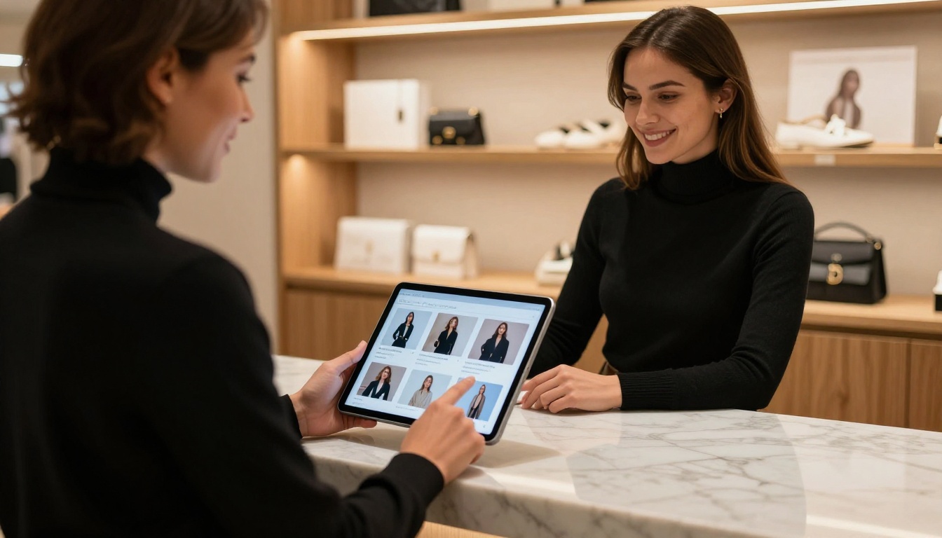 Boutique retail employee showing an interactive product catalog flipbook on a tablet to a smiling customer
