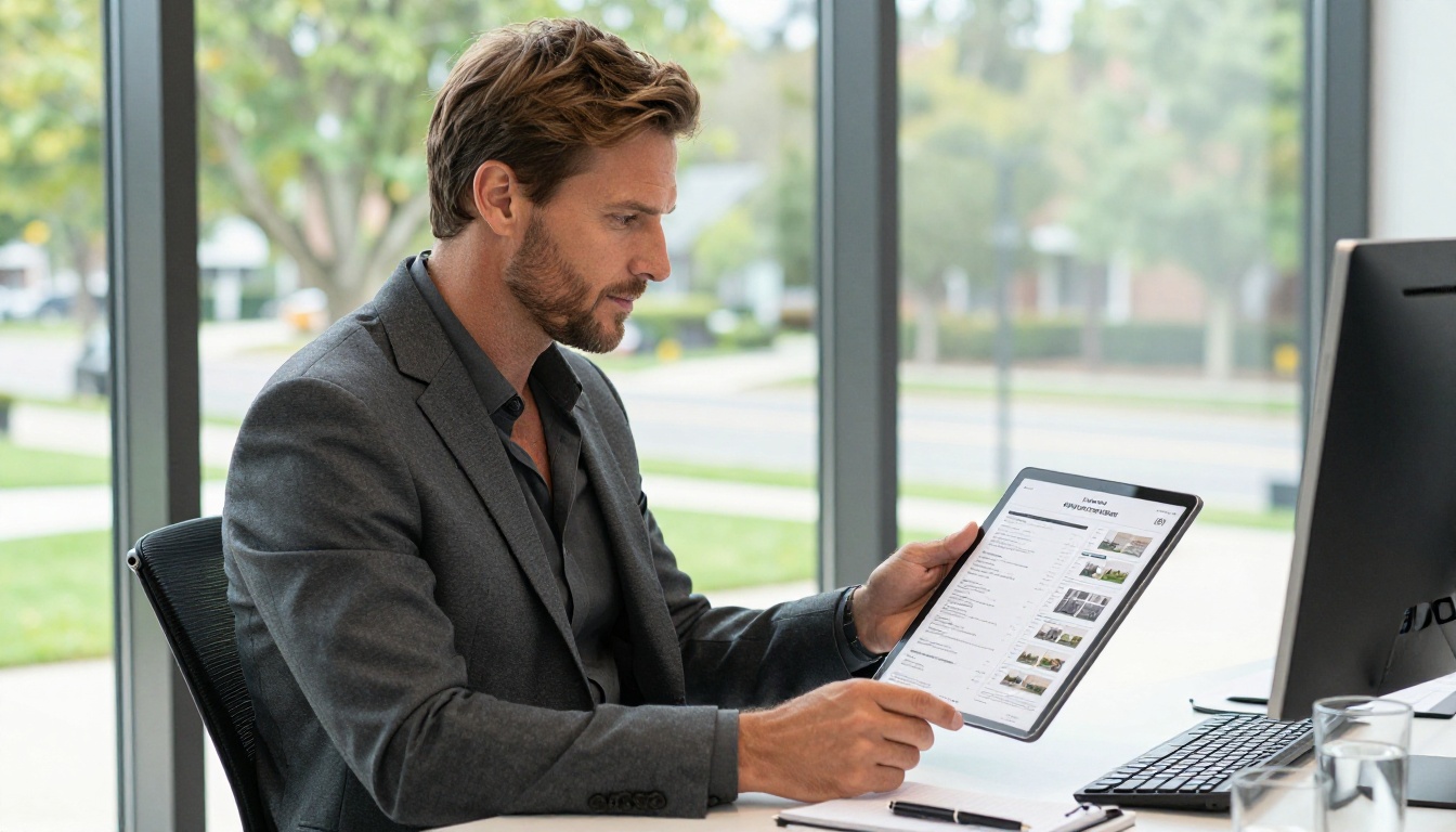 Real estate agent comparing printed and digital flipbook versions of a property listing document
