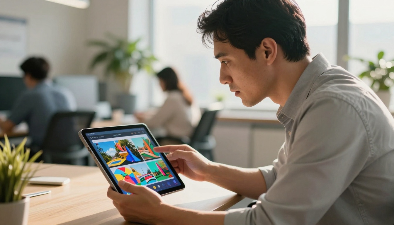 Mid-thirties businessman leaning forward intensely engaged while reading a colorful interactive digital flipbook on a tablet in modern office