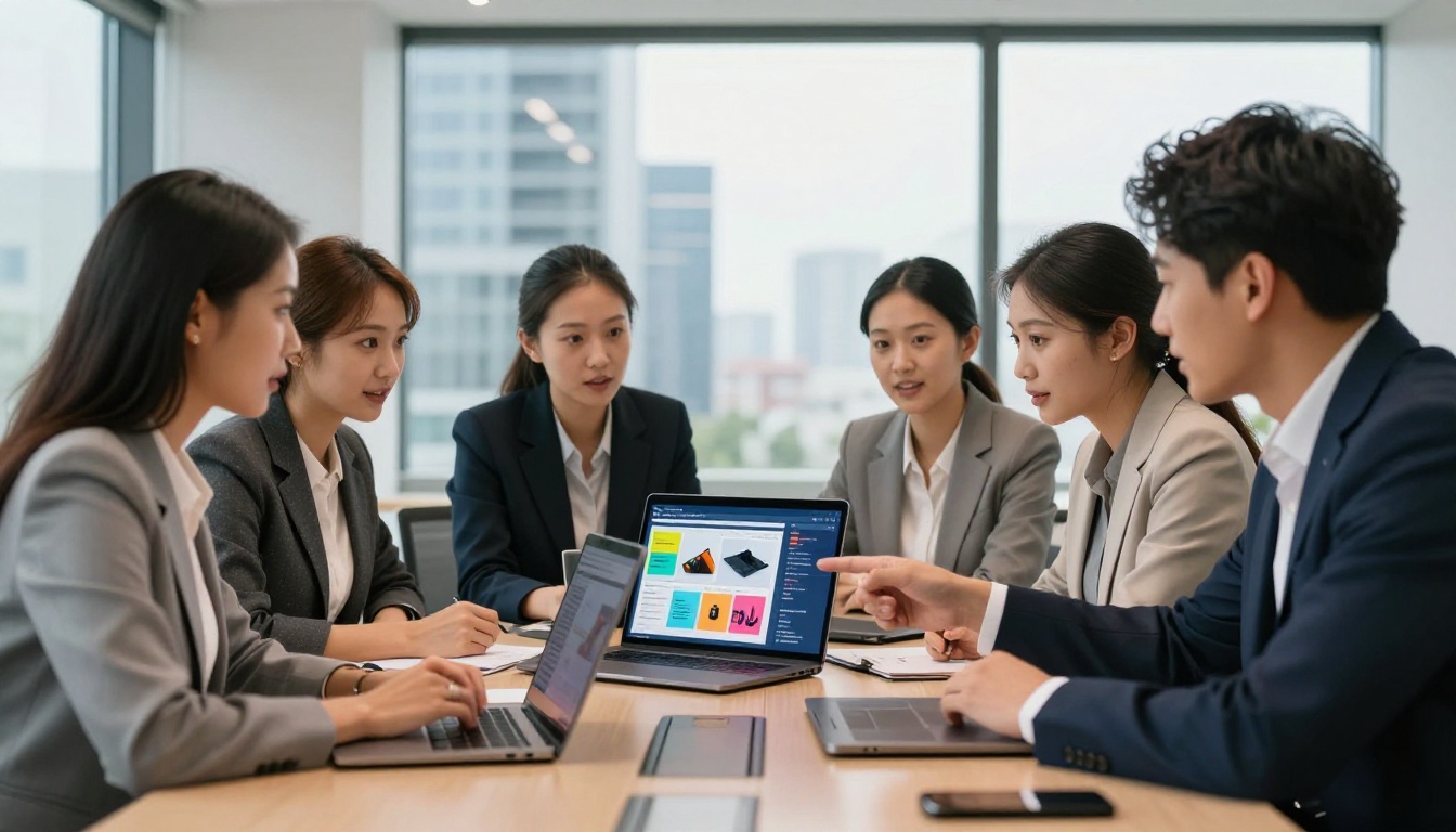 Three diverse business professionals gathered around a conference table reviewing a vivid digital product catalog flipbook on laptop in modern boardroom