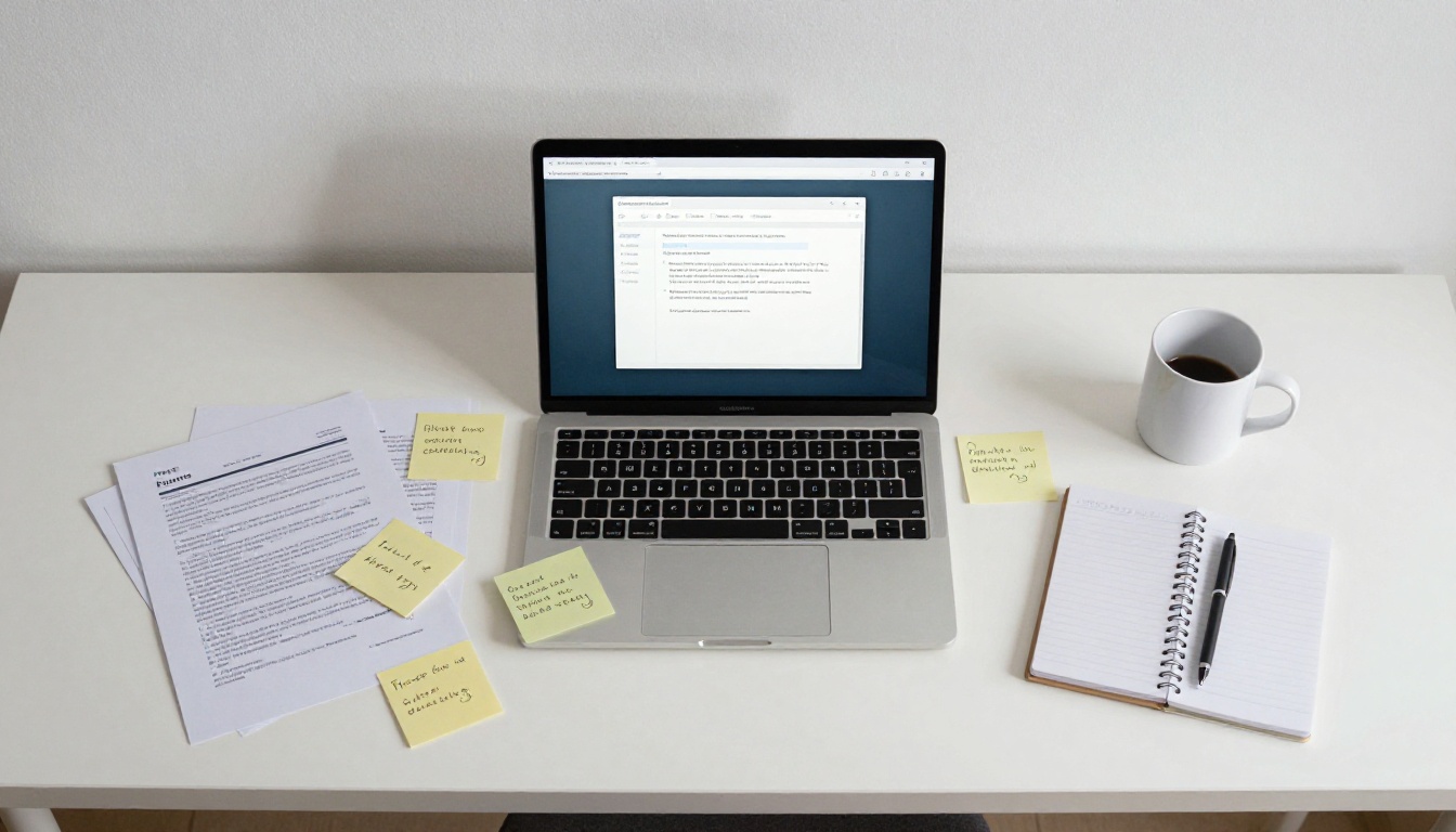 Aerial flat-lay overhead view of modern desk with laptop showing cluttered email client and scattered papers and sticky notes