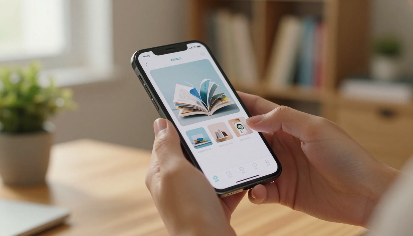 Close-up of elegant female hands holding smartphone in landscape orientation displaying interactive digital flipbook with vivid page-turn animation