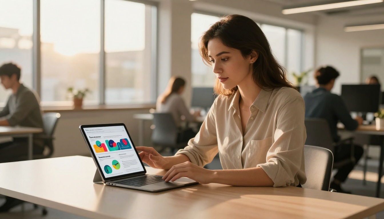Employee reading a digital flipbook in a modern office
