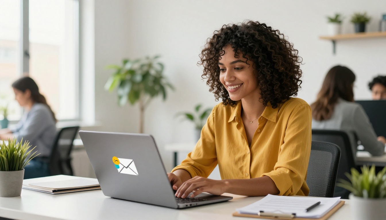 Woman with curly hair in mustard blouse smiling while sharing colorful digital presentation flipbook link via laptop in bright open-plan office Woman with curly hair in mustard blouse smiling while sharing colorful digital presentation flipbook link via laptop in bright open-plan office