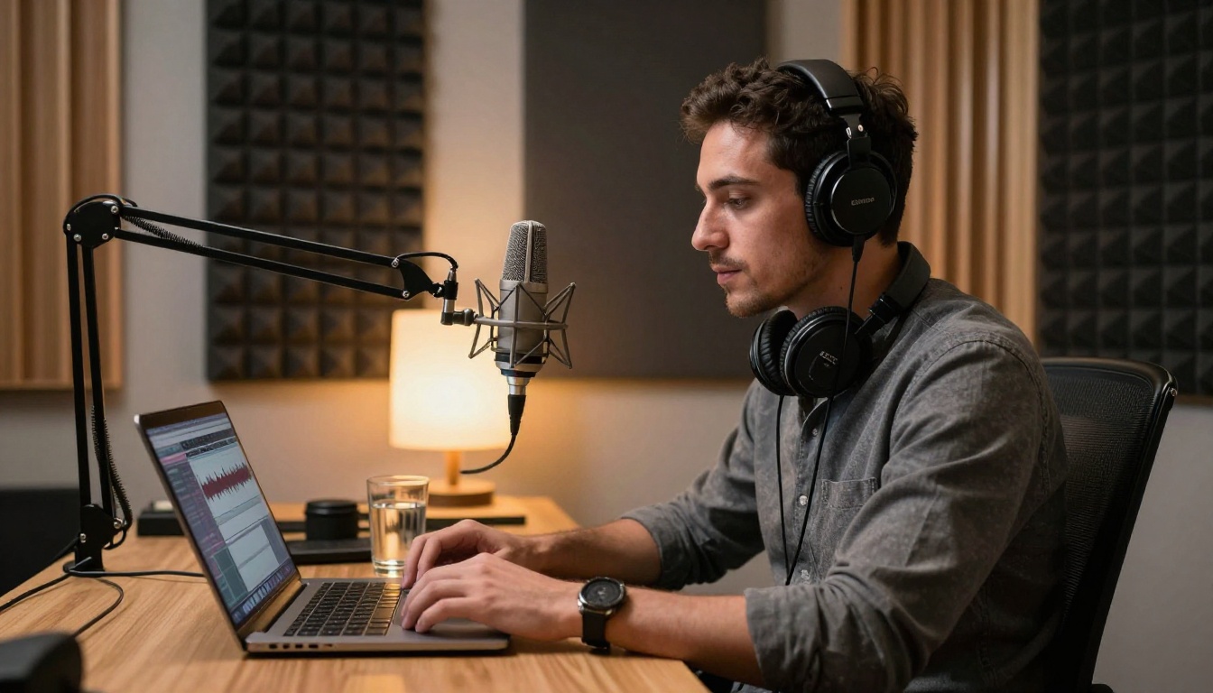 Podcast recording setup in a corporate office