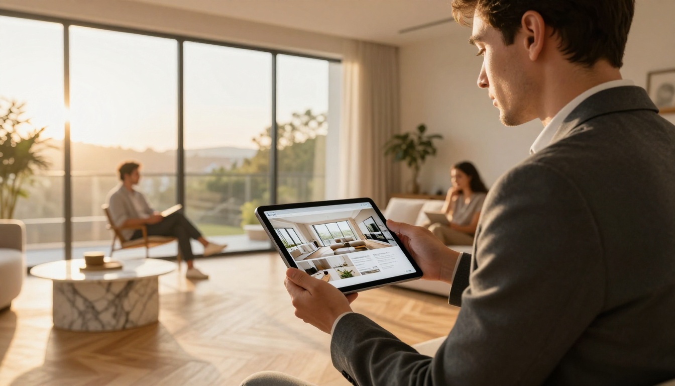 Professional real estate agent in charcoal blazer showing property tour digital flipbook on tablet to interested couple in modern apartment with golden afternoon light Professional real estate agent in charcoal blazer showing property tour digital flipbook on tablet to interested couple in modern apartment with golden afternoon light