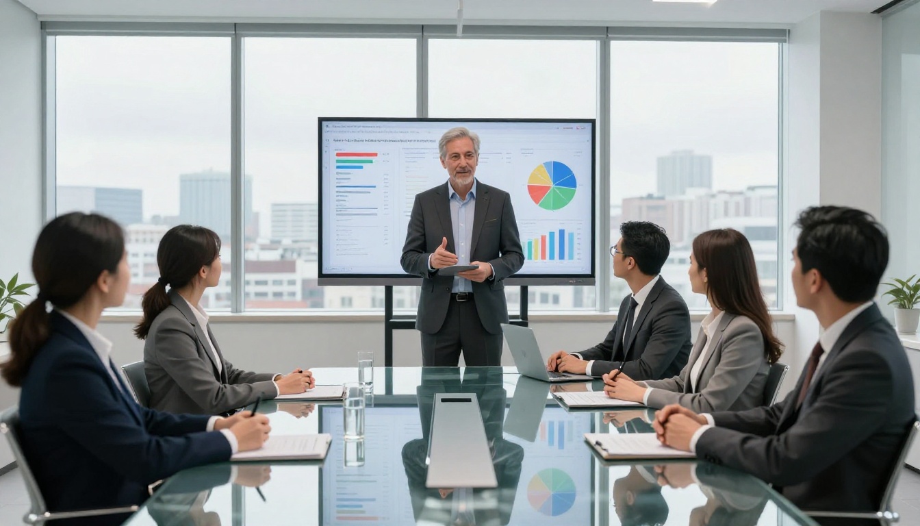 Executive presenting company results to team around a conference table