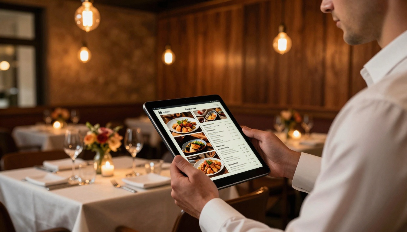 Restaurant manager in crisp white shirt holding tablet displaying richly designed digital restaurant menu flipbook in elegantly lit warm fine dining room Restaurant manager in crisp white shirt holding tablet displaying richly designed digital restaurant menu flipbook in elegantly lit warm fine dining room