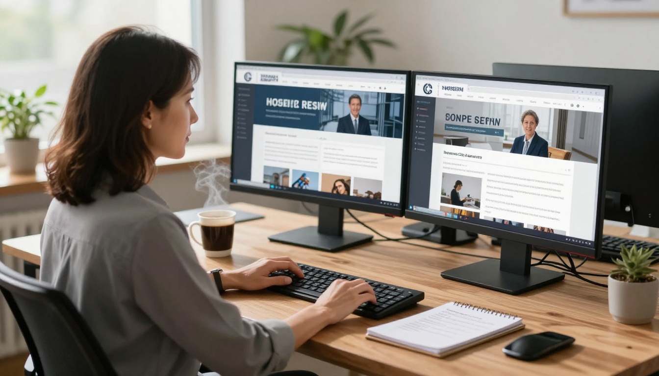 HR professional creating internal newsletter on dual monitors