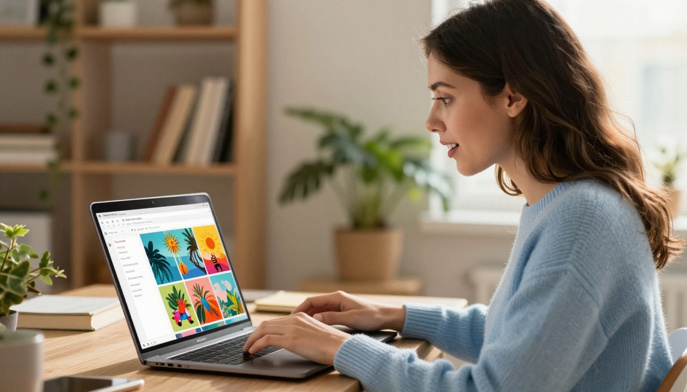 Woman in light blue sweater clicking a link in email on laptop that opens to a beautiful vibrant interactive flipbook with delighted expression Woman in light blue sweater clicking a link in email on laptop that opens to a beautiful vibrant interactive flipbook with delighted expression