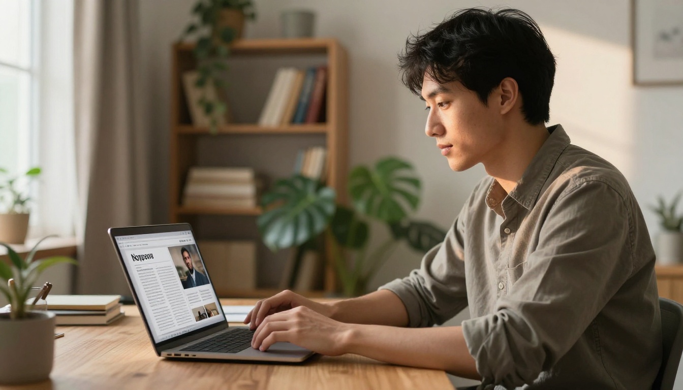 Remote employee reading company news on laptop at home
