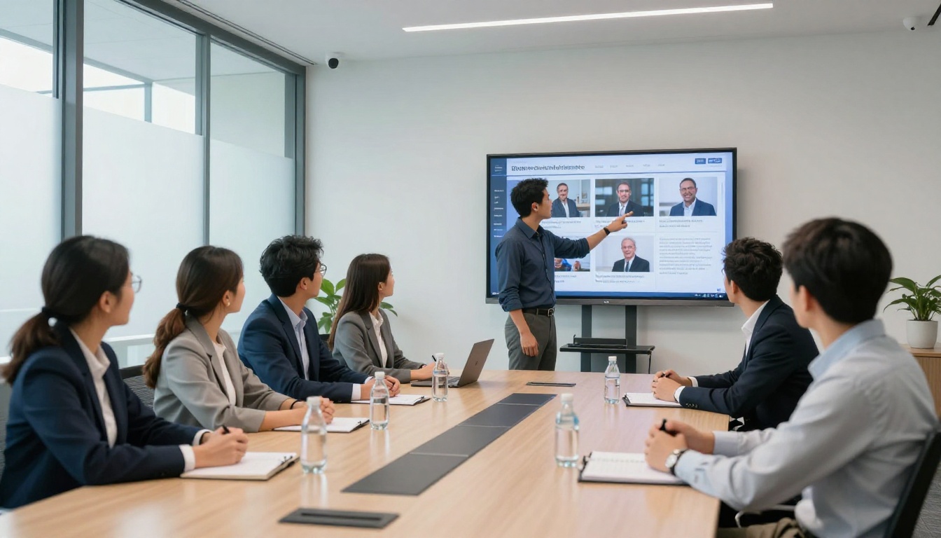 Team meeting reviewing company news on a wall-mounted screen Team meeting reviewing company news on a wall-mounted screen