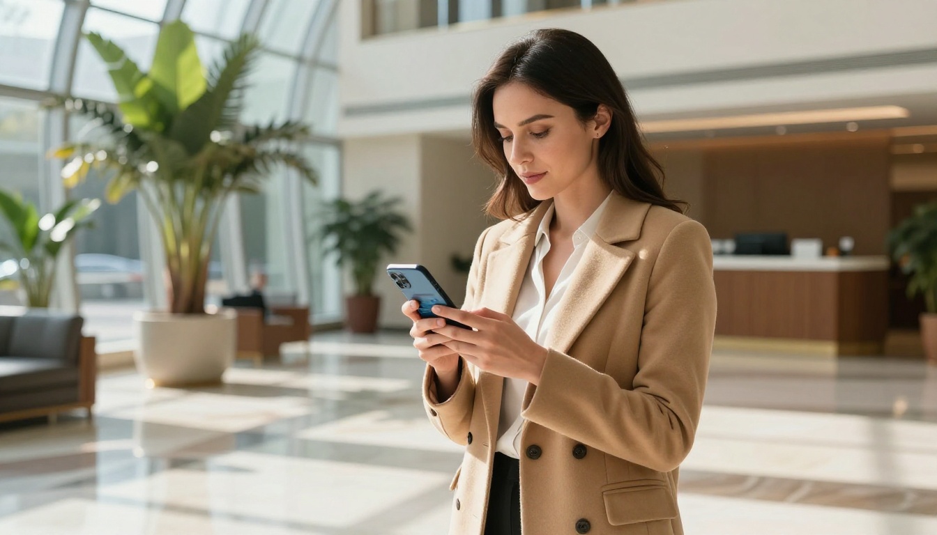 Professional woman accessing company news on smartphone in a corporate lobby Professional woman accessing company news on smartphone in a corporate lobby