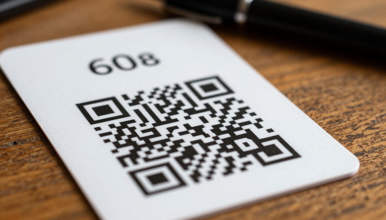 Business card with QR code resting on oak desk