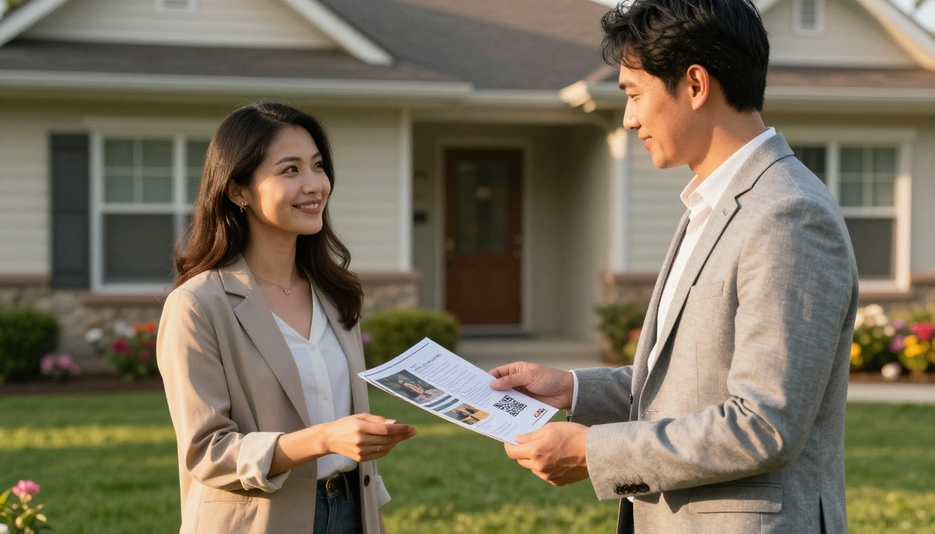 Real estate agent handing glossy brochure to couple in front yard