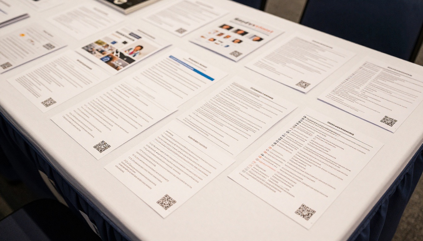 Trade show table covered in printed materials with QR codes