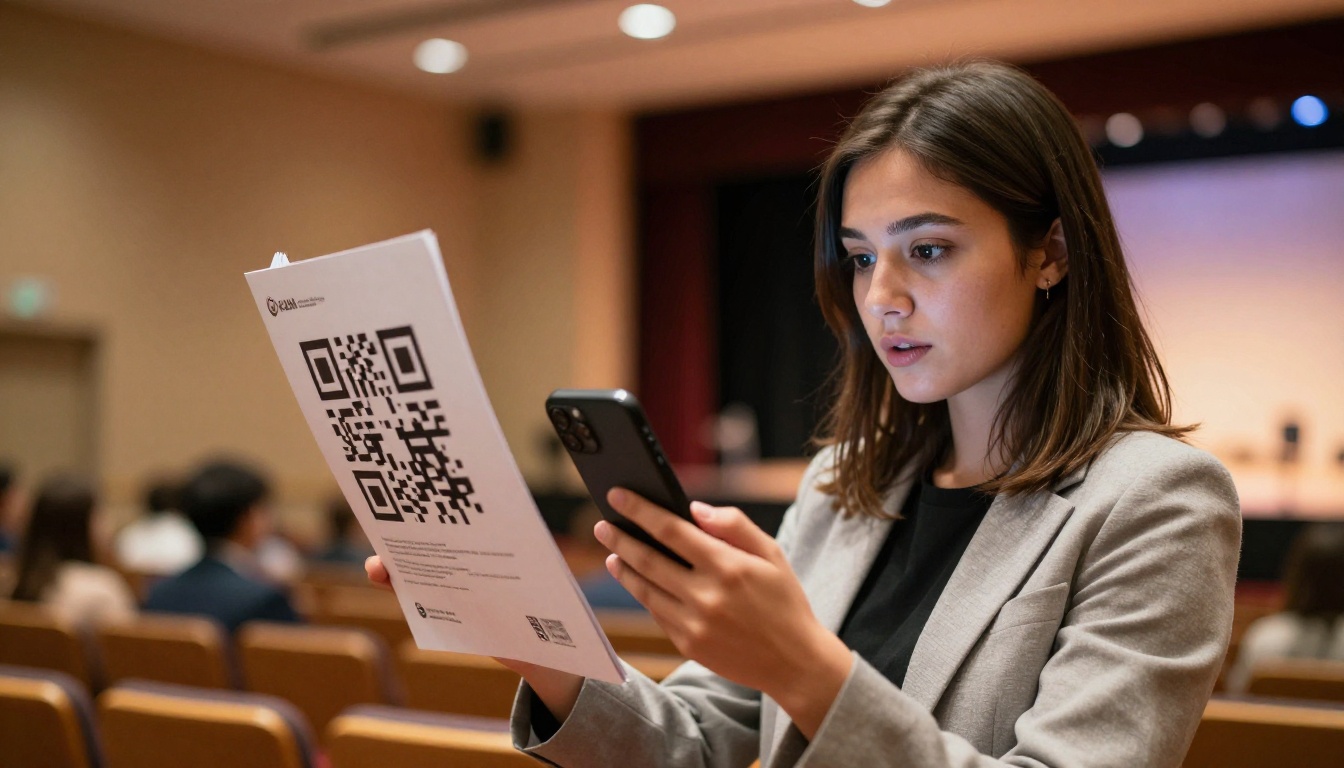 Woman scanning QR code on event program booklet at conference hall