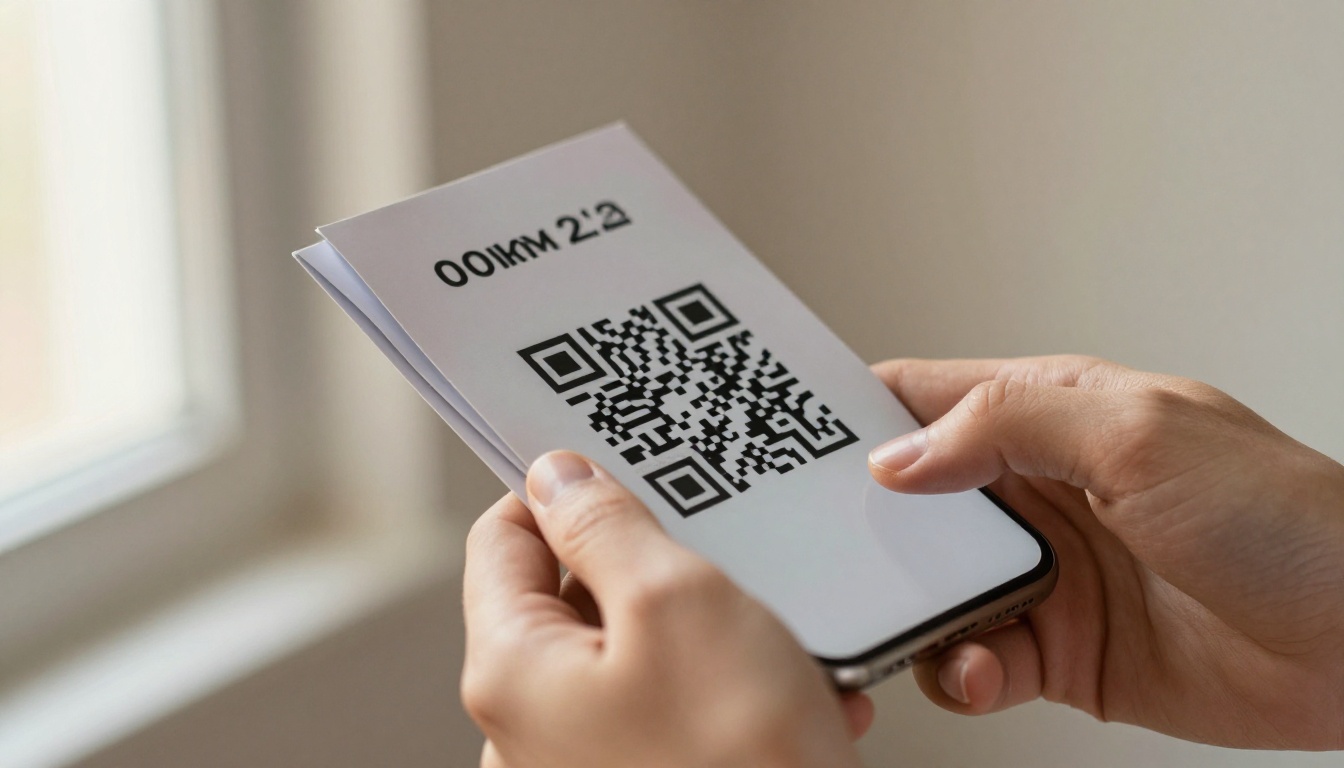 Hands holding brochure while scanning QR code with phone
