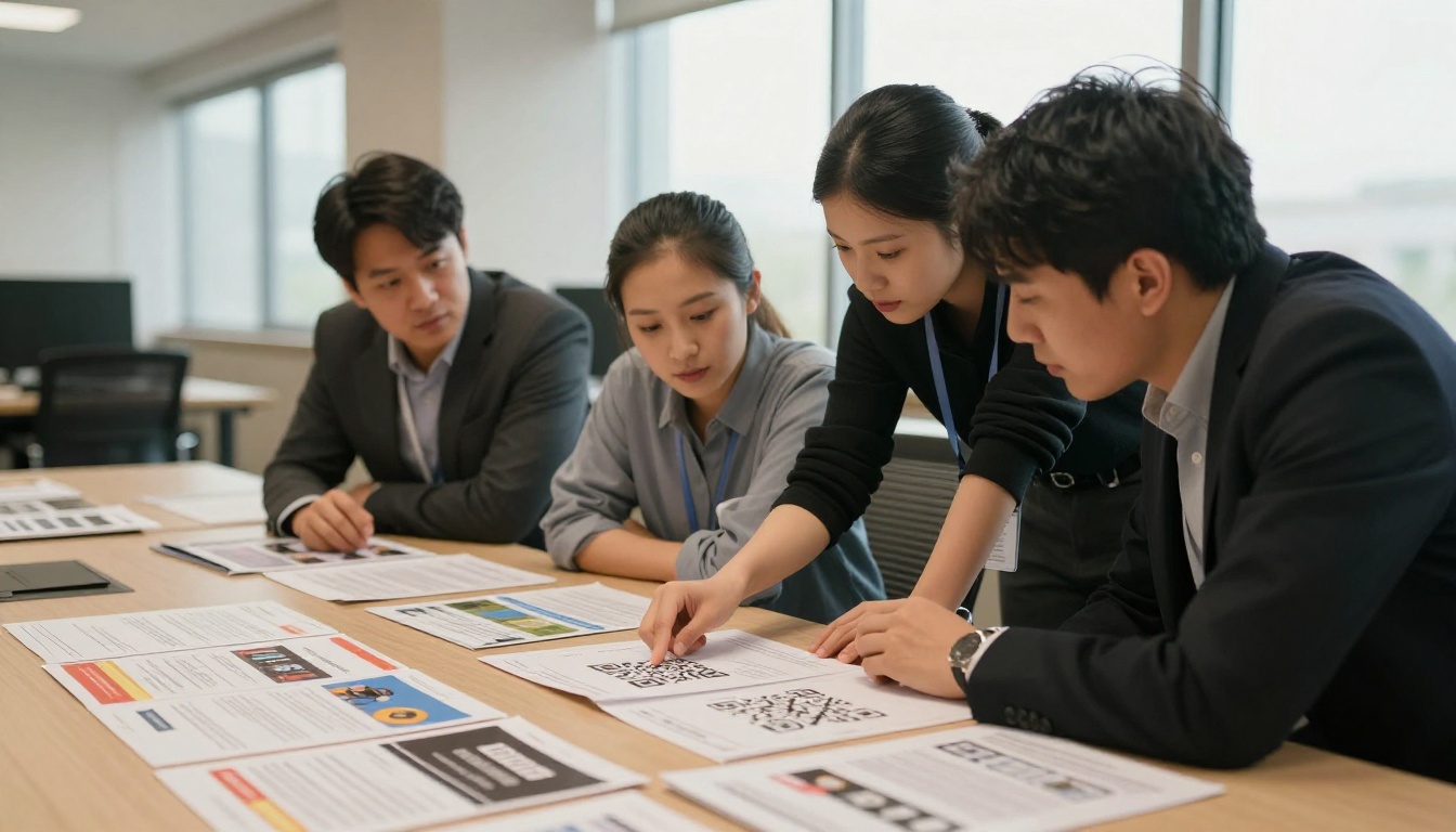 Marketing team reviewing printed brochures and flyers around a conference table