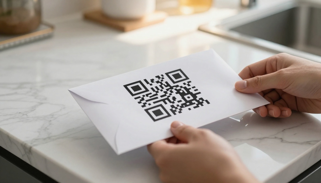 Direct mail flyer with QR code being pulled from envelope on marble countertop