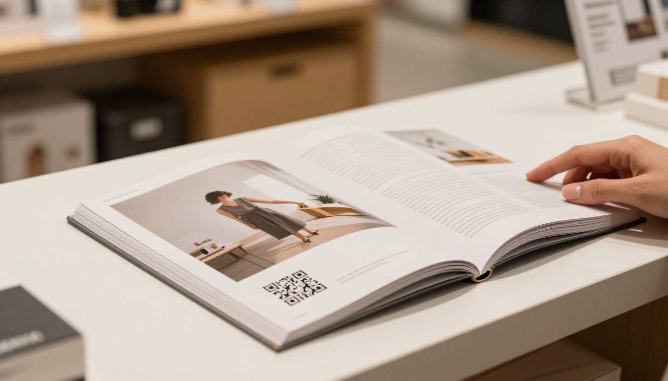 Product catalog open on white retail store display table