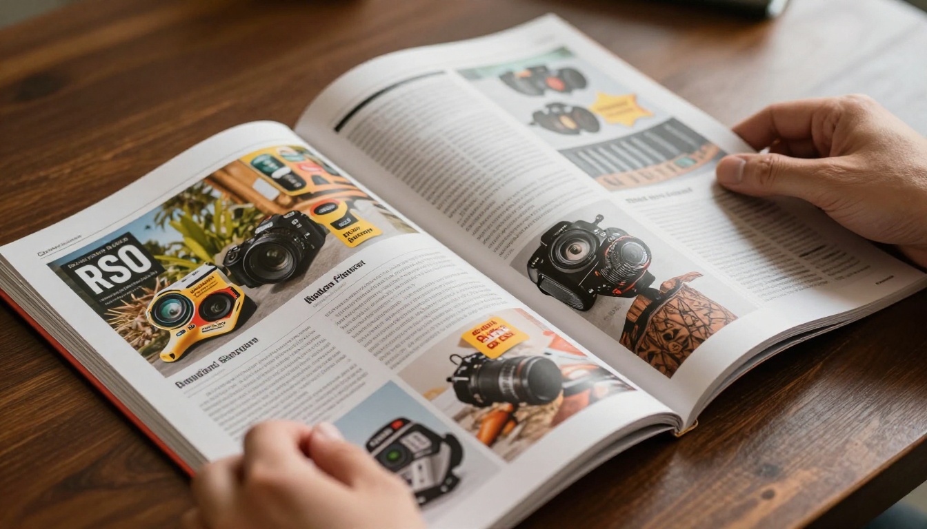 Hands holding open a richly printed business magazine on a mahogany desk Hands holding open a richly printed business magazine on a mahogany desk