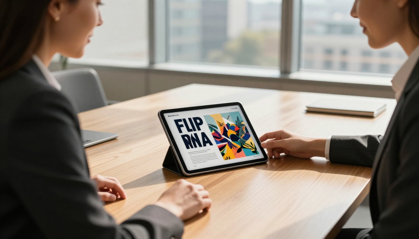 Businesswoman presenting a professional flipbook to a client at a conference table