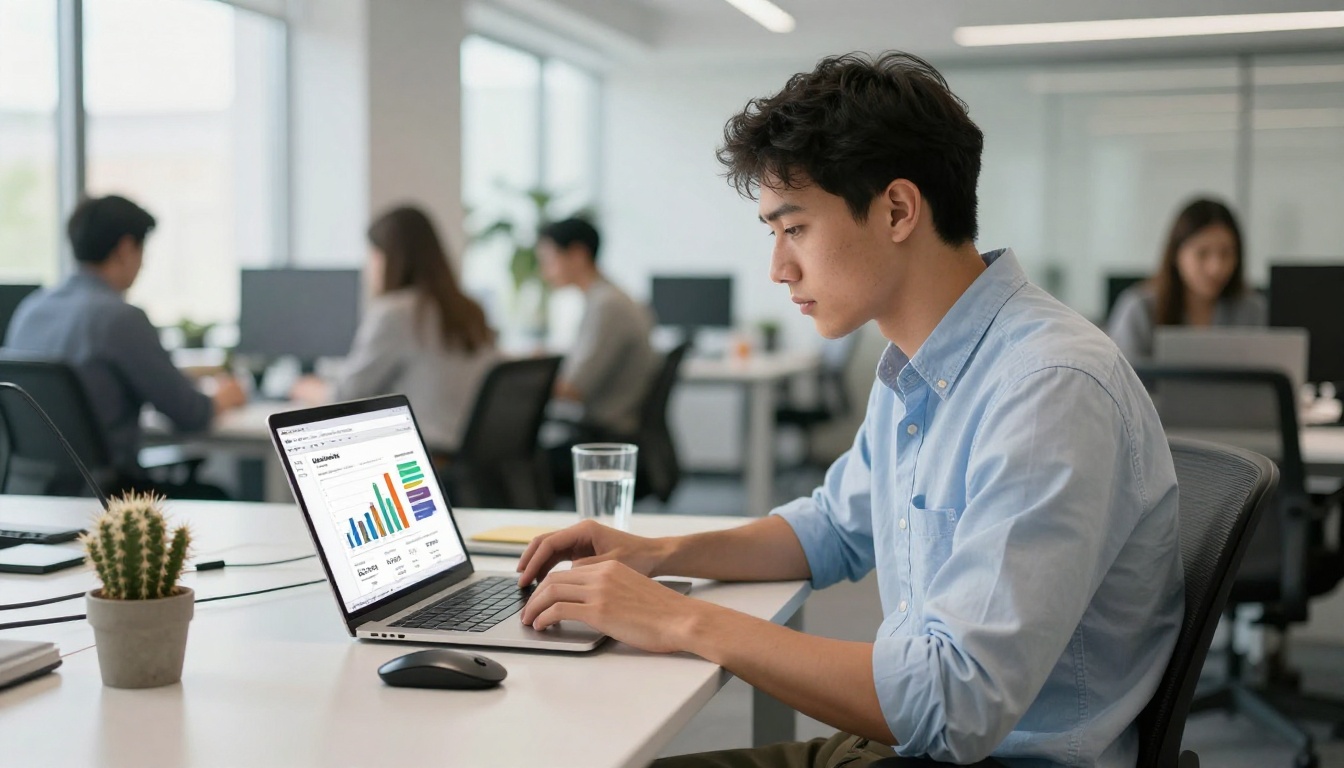 Marketing professional analyzing email analytics dashboard at a standing desk in a bright open office Marketing professional analyzing email analytics dashboard at a standing desk in a bright open office