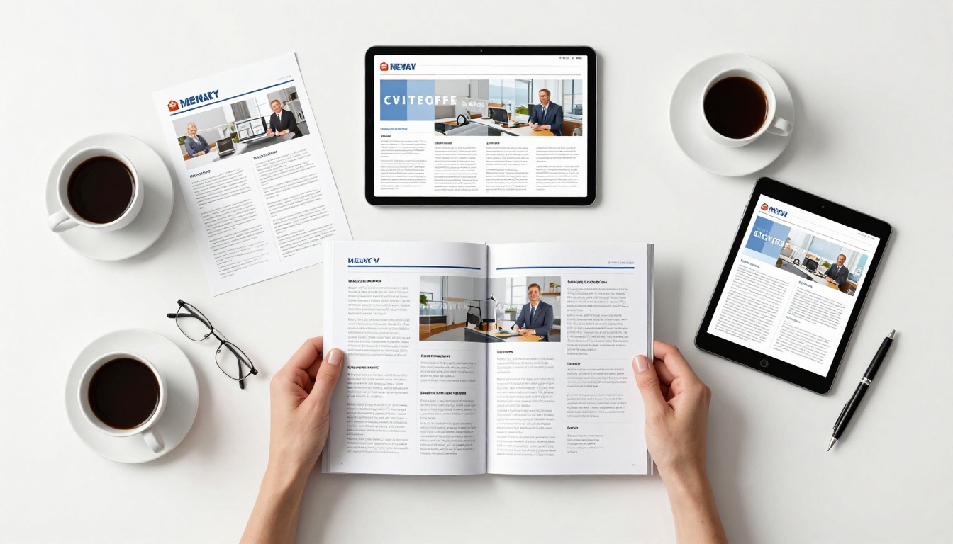 Aerial flat-lay of printed monthly company newsletters, brochures, and a digital tablet on a white desk Aerial flat-lay of printed monthly company newsletters, brochures, and a digital tablet on a white desk