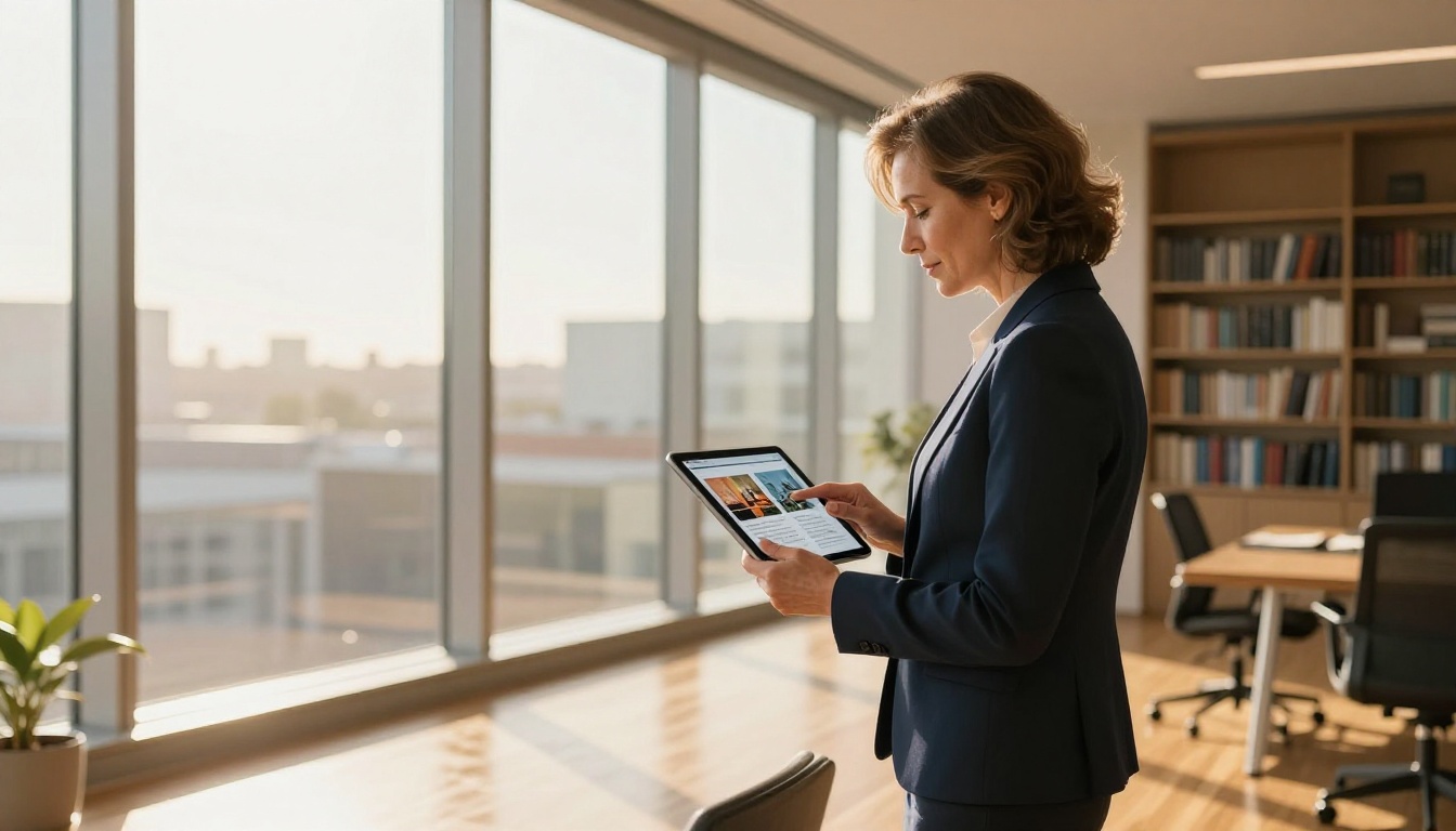 Businesswoman scrolling through a digital flipbook on a tablet beside a large sunlit office window Businesswoman scrolling through a digital flipbook on a tablet beside a large sunlit office window