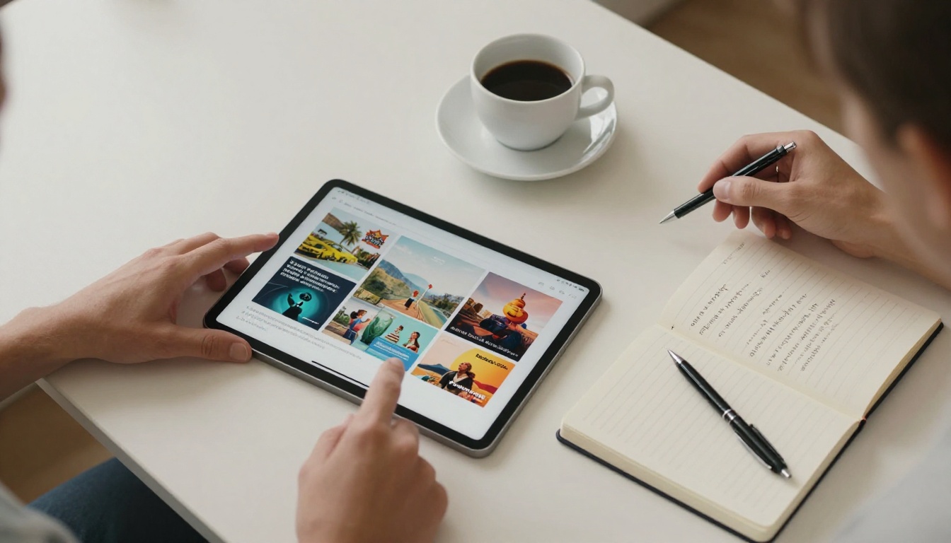 Aerial view of an organized desk with a tablet showing a flipbook, coffee, and notebook