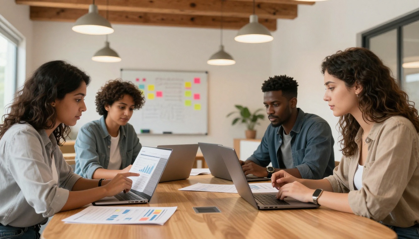 Diverse creative team collaborating over printed monthly reports spread across a bright conference table