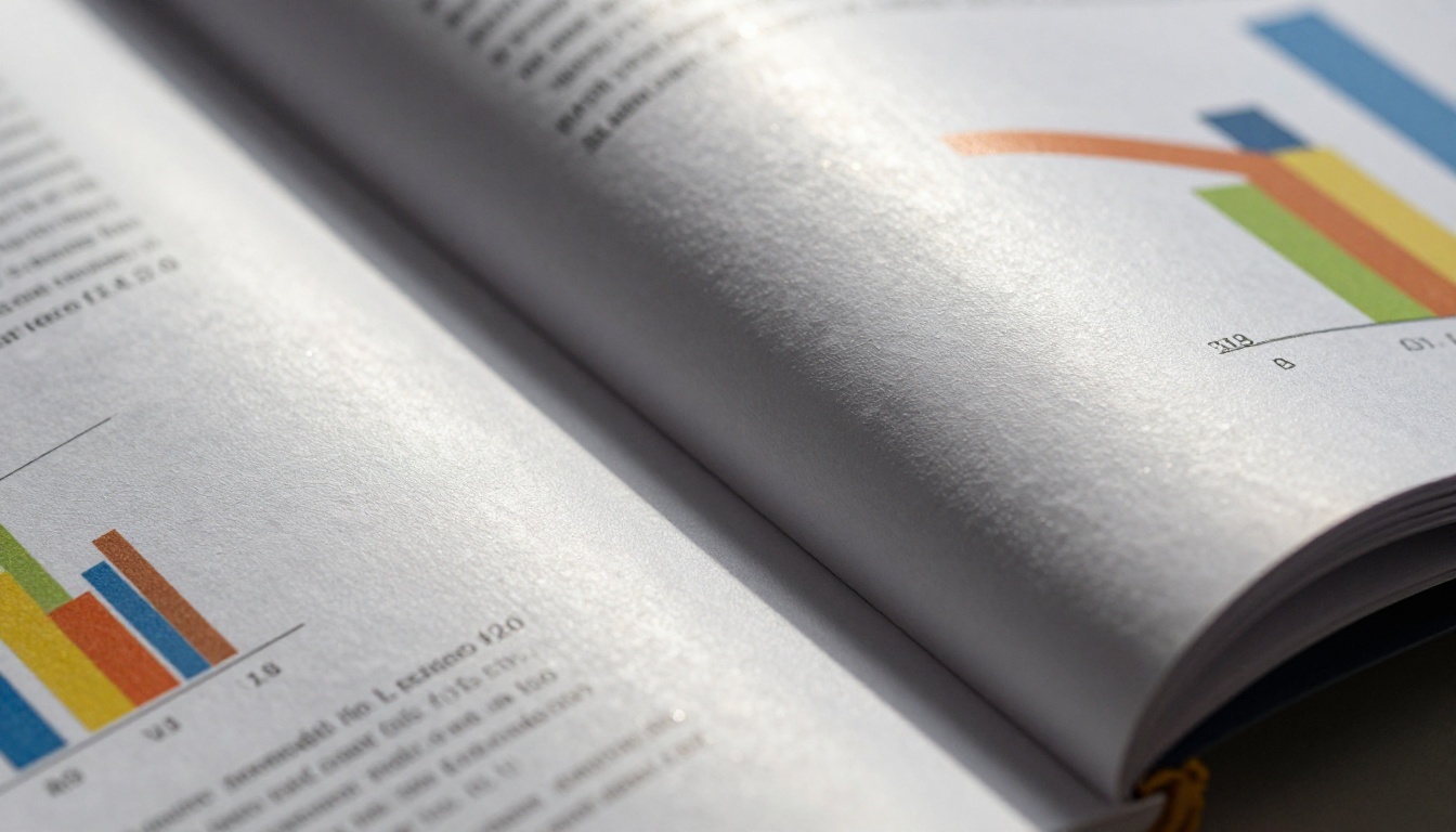 Extreme close-up macro of open printed business publication pages showing paper grain and infographic detail