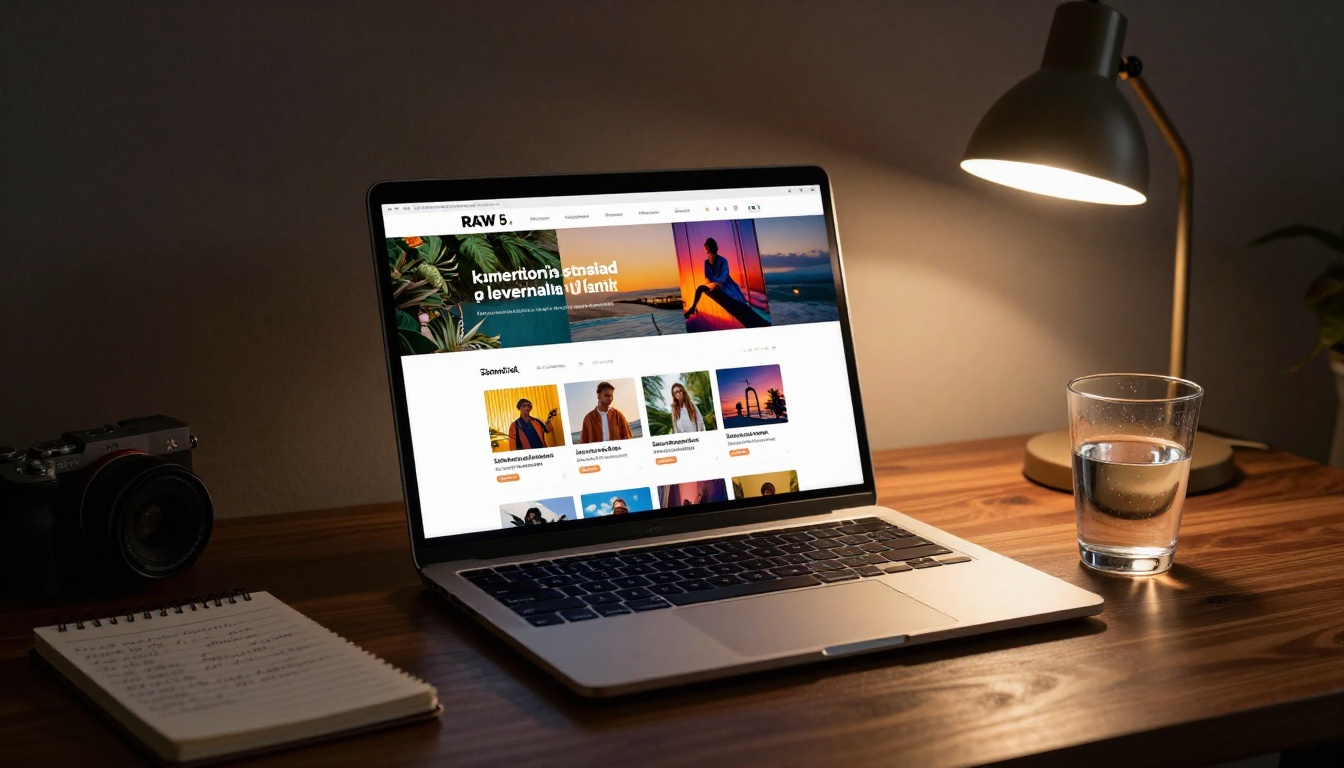 Laptop on walnut desk displaying beautifully designed digital newsletter layout with warm desk lamp light