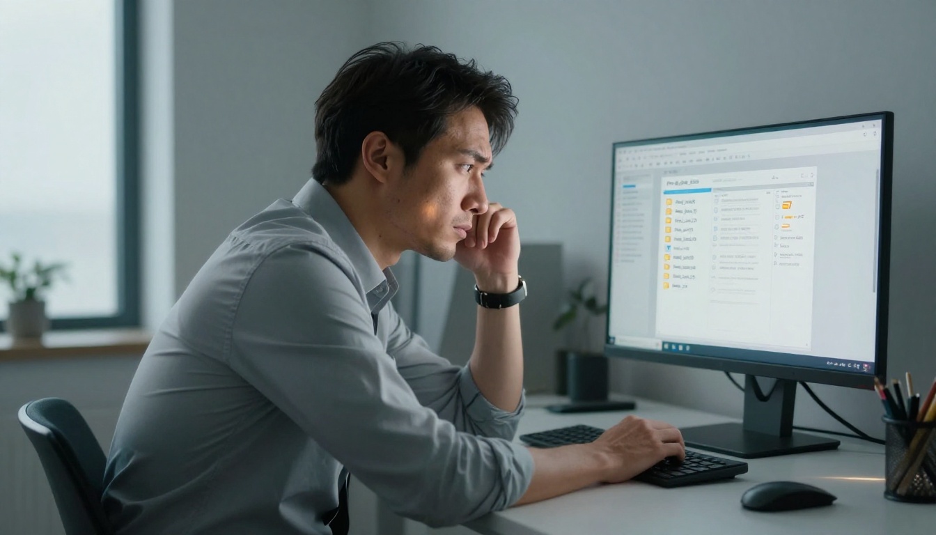 Frustrated professional staring at a chaotic file folder on screen