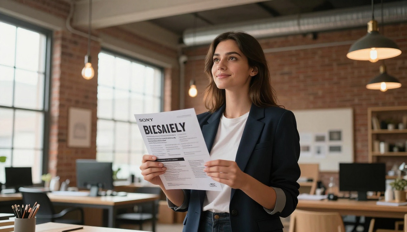 Low-angle view of a confident young woman presenting a printed monthly company brochure in a creative studio with exposed brick walls