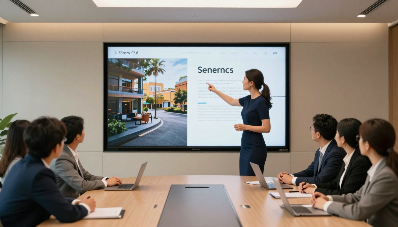 Woman presenting an interactive digital brochure in a modern boardroom