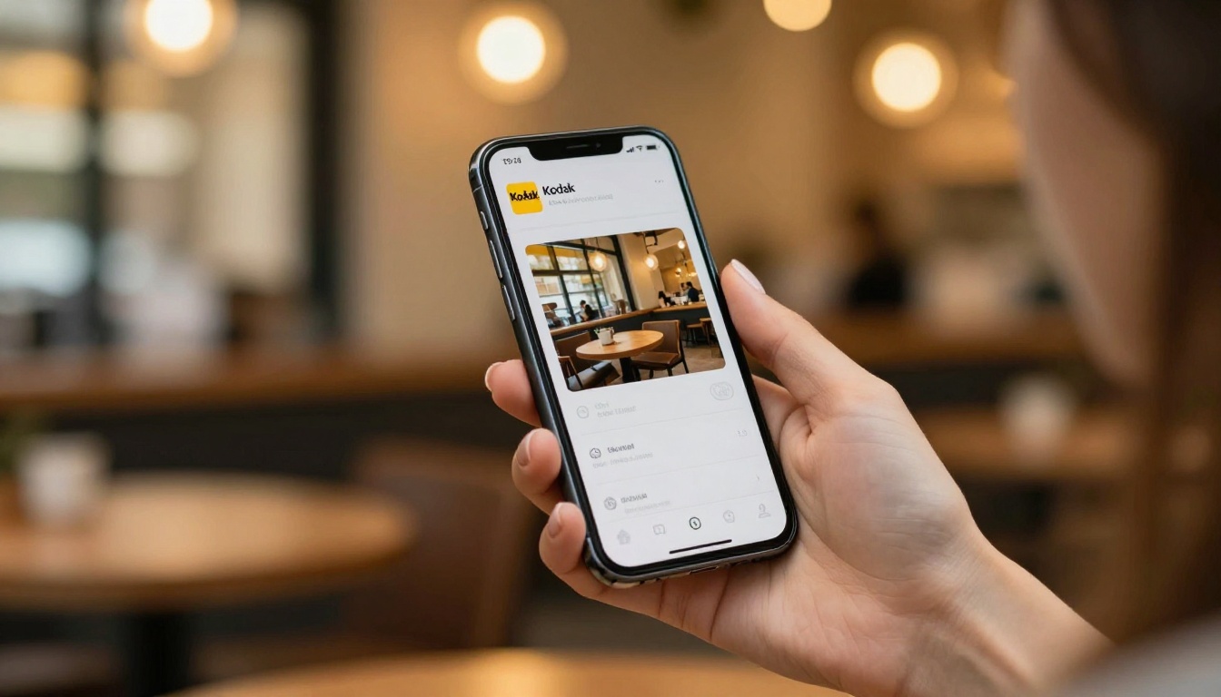 A smartphone held in hand showing a beautifully formatted flipbook in a warm coffee shop setting