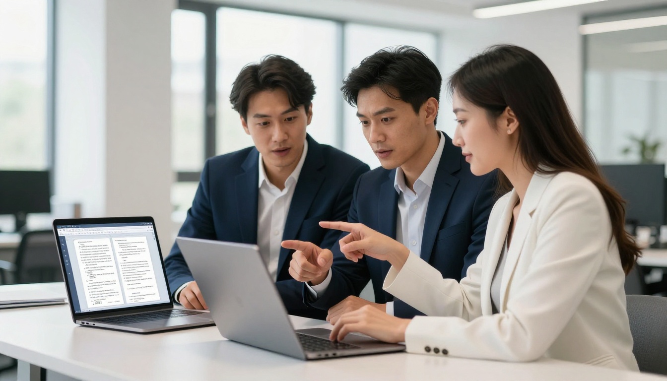 Two professionals comparing document formats side by side on a laptop