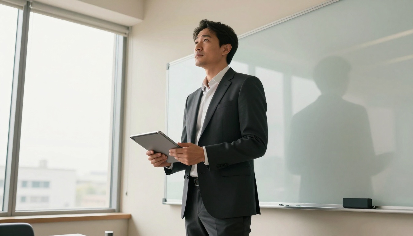Confident executive holding a tablet with a professional digital portfolio in a sun-lit corner office