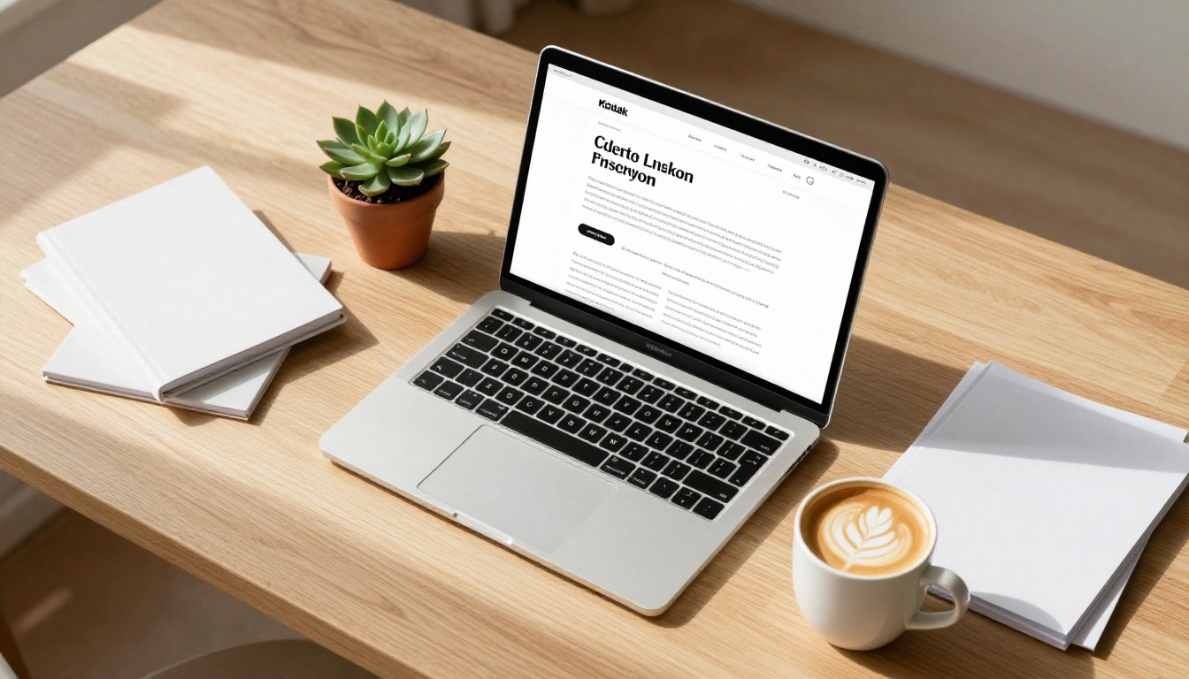 An organized Scandinavian workspace with a laptop showing a digital publication, coffee mug, and succulents
