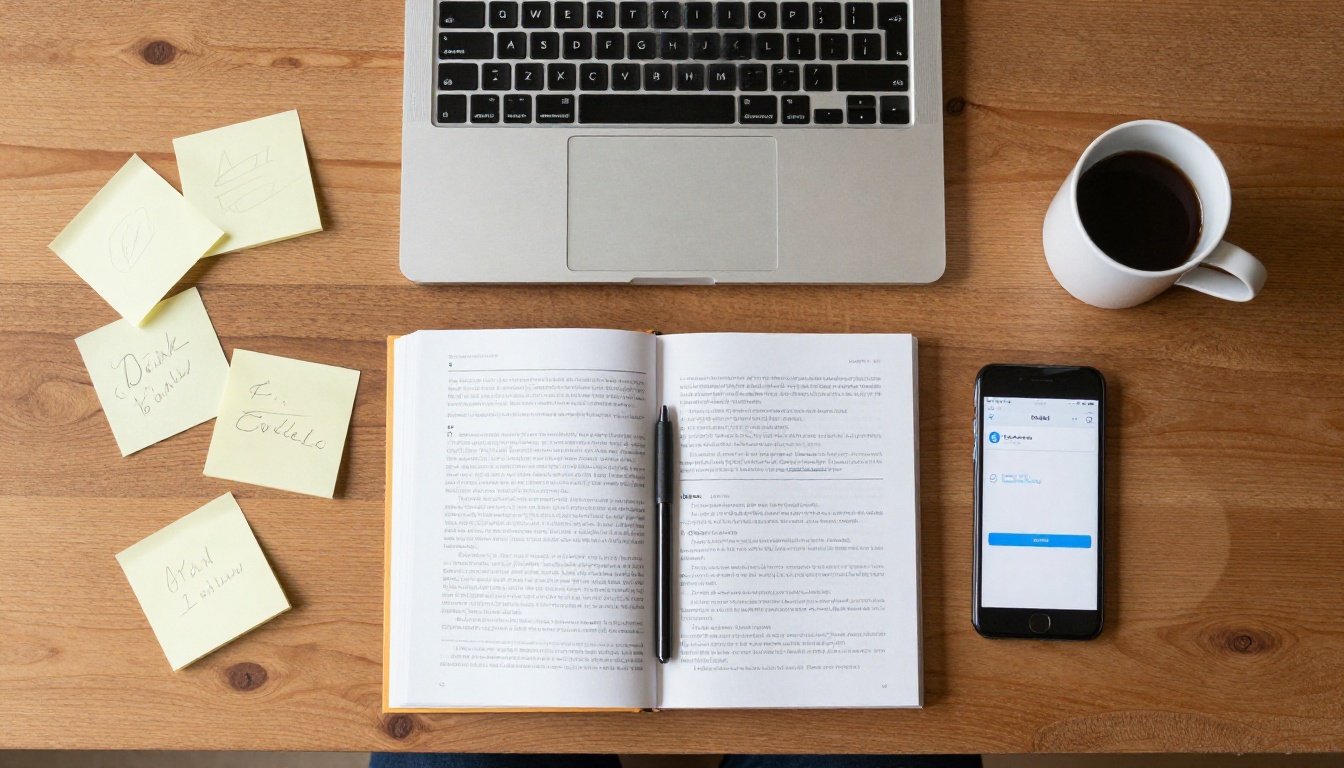 Aerial flat-lay of desk with laptop, phone, notebook and sticky notes Aerial flat-lay of desk with laptop, phone, notebook and sticky notes