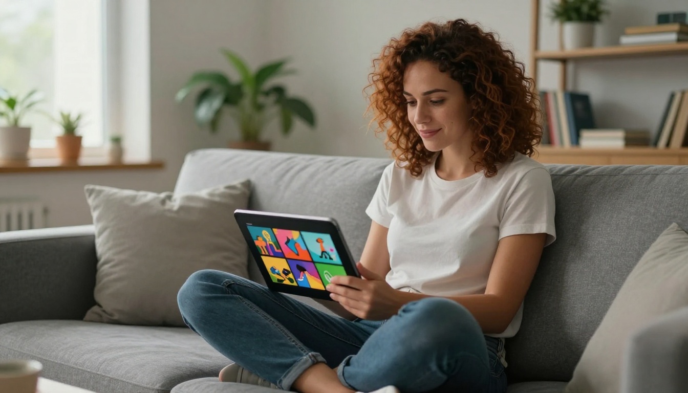 Woman reviewing flipbook on tablet sitting cross-legged on sofa in home office Woman reviewing flipbook on tablet sitting cross-legged on sofa in home office