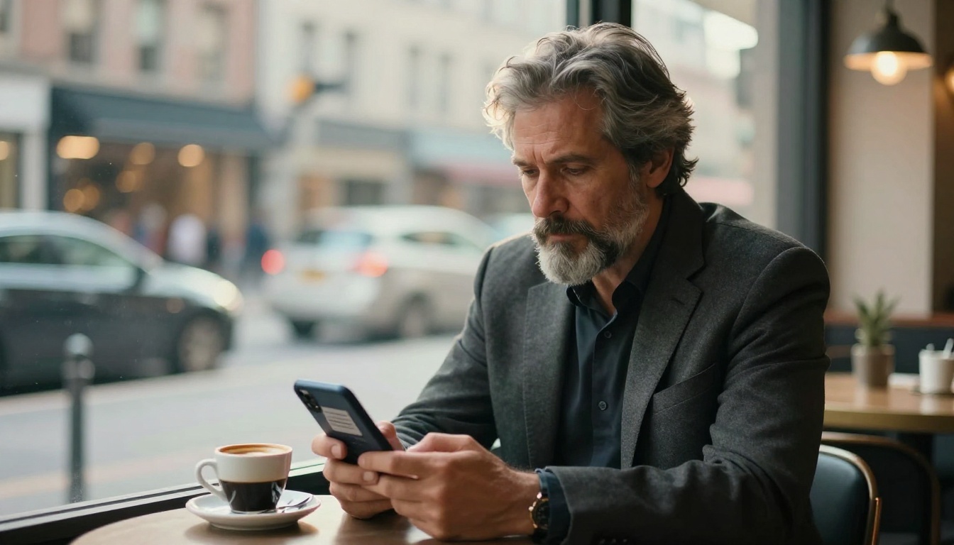 Professional man with smartphone at café with city street bokeh background Professional man with smartphone at café with city street bokeh background