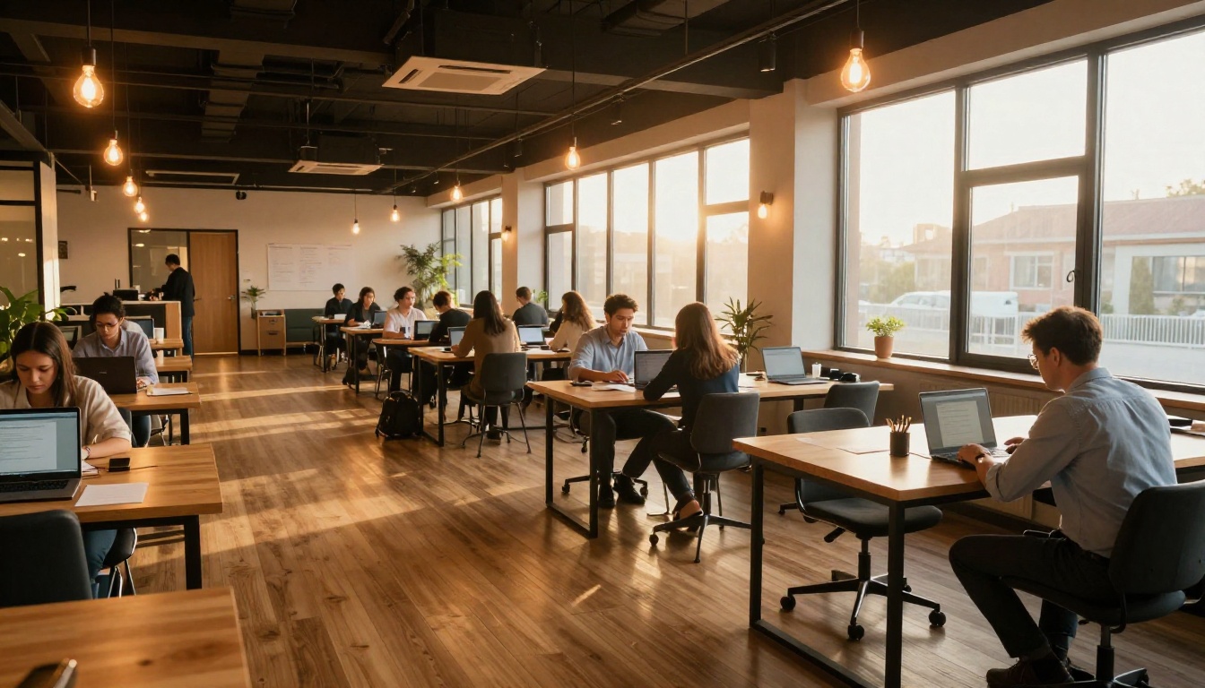 Wide-angle view of modern co-working space with warm golden hour sunlight through windows Wide-angle view of modern co-working space with warm golden hour sunlight through windows