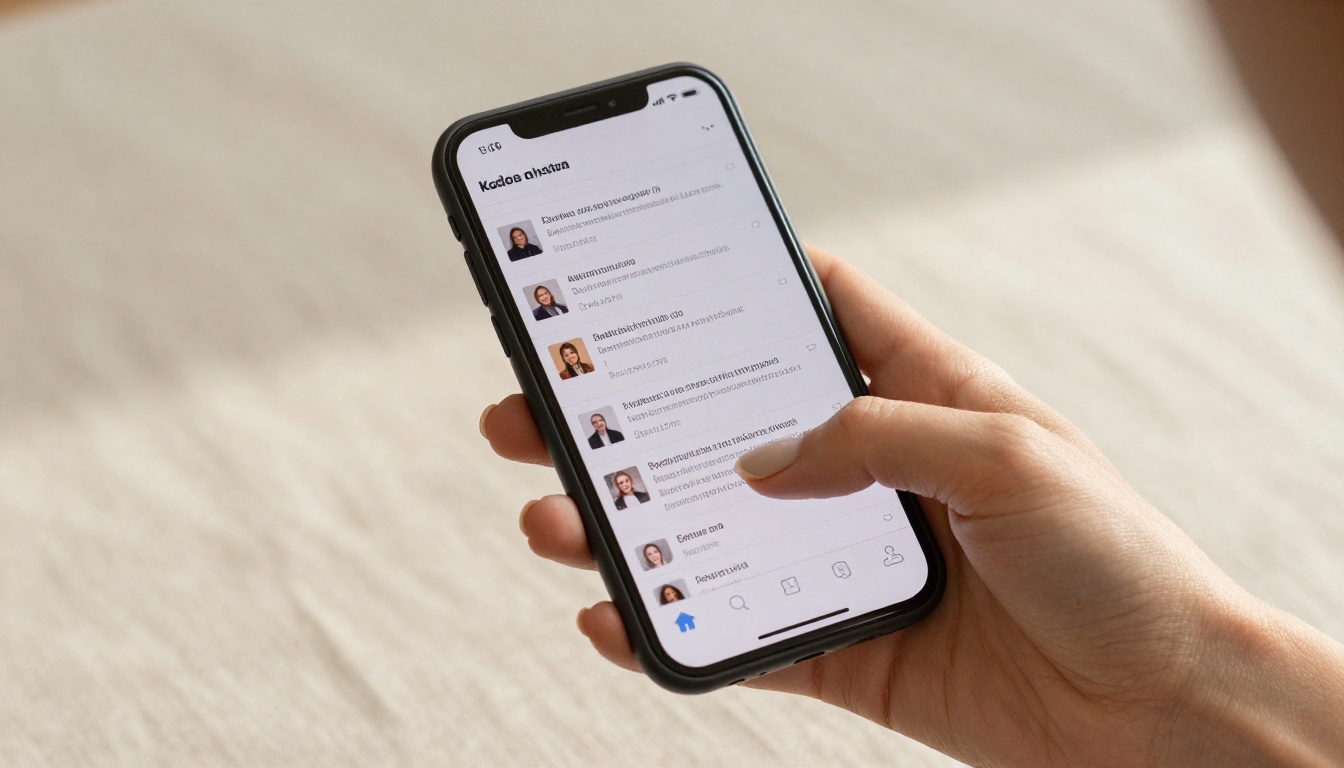 Woman holding smartphone close-up showing social media document post feed Woman holding smartphone close-up showing social media document post feed